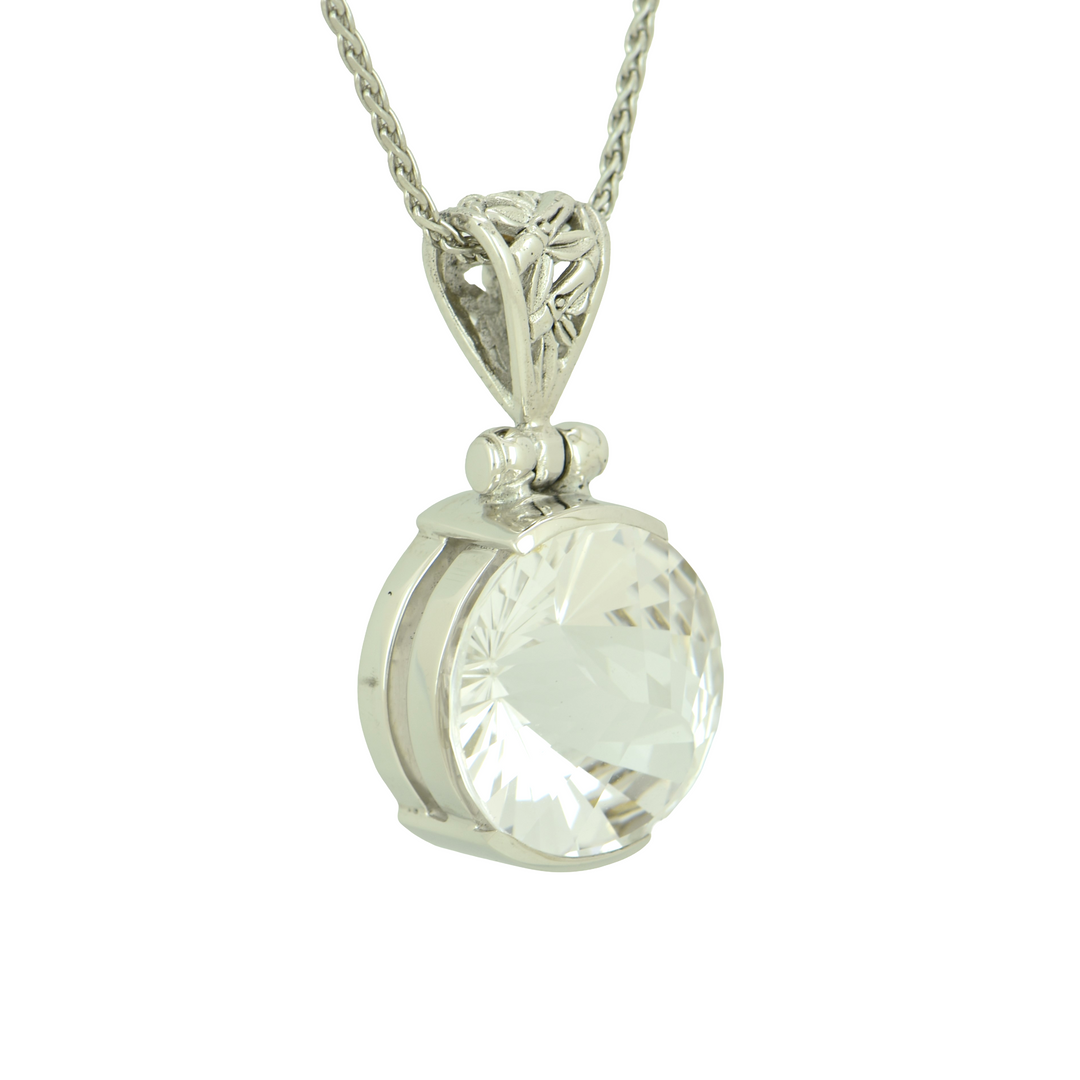 Round White Sapphire Pendant, set in Sterling Silver plated in White Rhodium