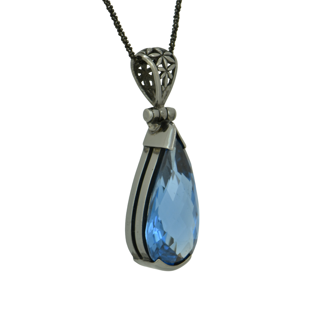 Pear Cut Blue Green Spinel Pendant, set in Sterling Silver plated in Black Rhodium