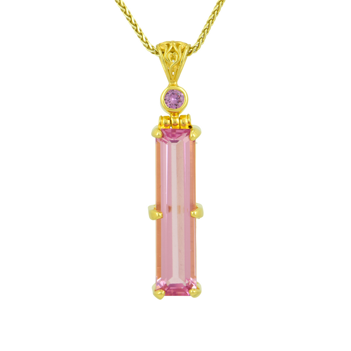 Emerald Cut Pink Biron Emerald Pendant, set in Sterling Silver plated in Yellow Gold