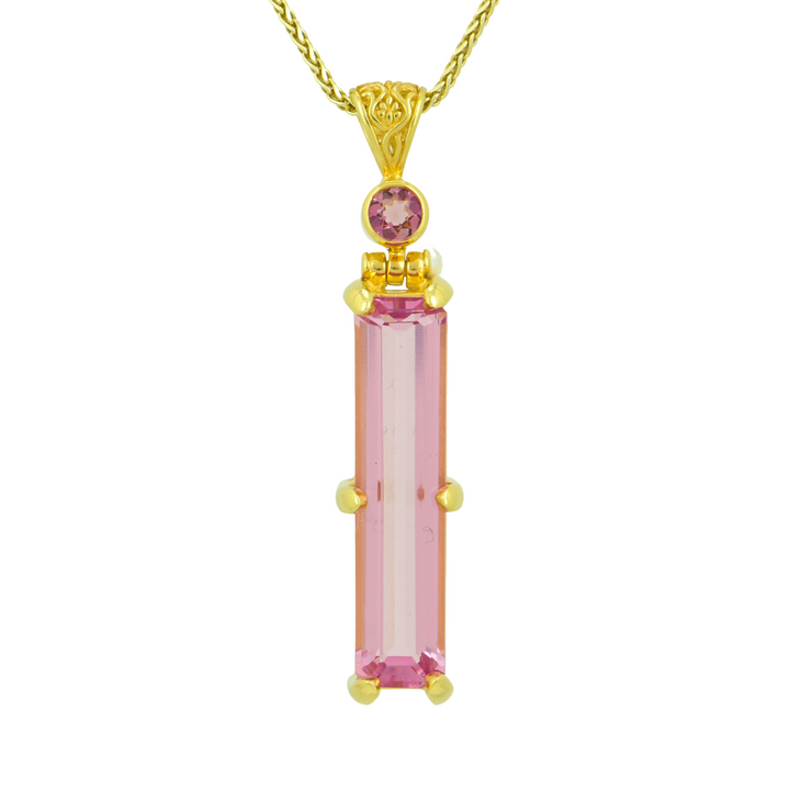 Emerald Cut Pink Biron Emerald Pendant, set in Sterling Silver plated in Yellow Gold