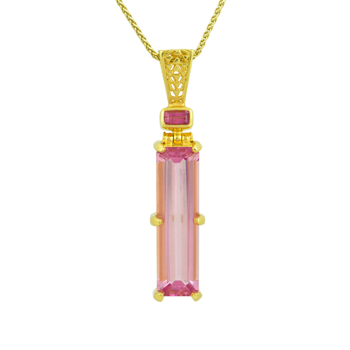 Emerald Cut Pink Biron Emerald Pendant, set in Sterling Silver plated in Yellow Gold
