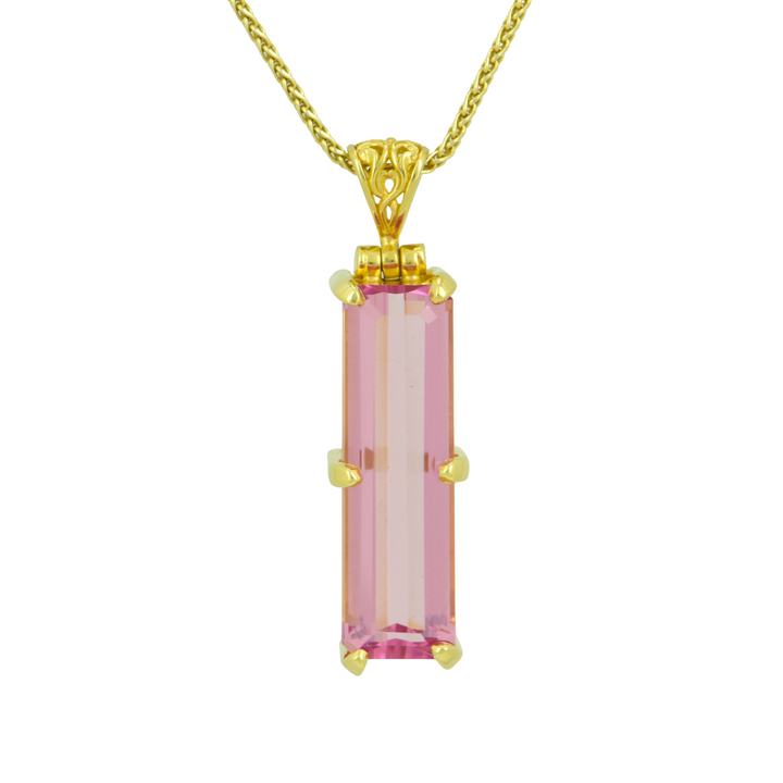Emerald Cut Pink Biron Emerald Pendant, set in Sterling Silver plated in Yellow Gold