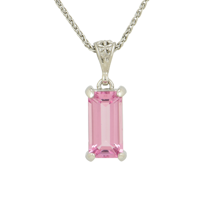 Emerald Cut Pink Biron Emerald Pendant, set in Sterling Silver plated in White Rhodium