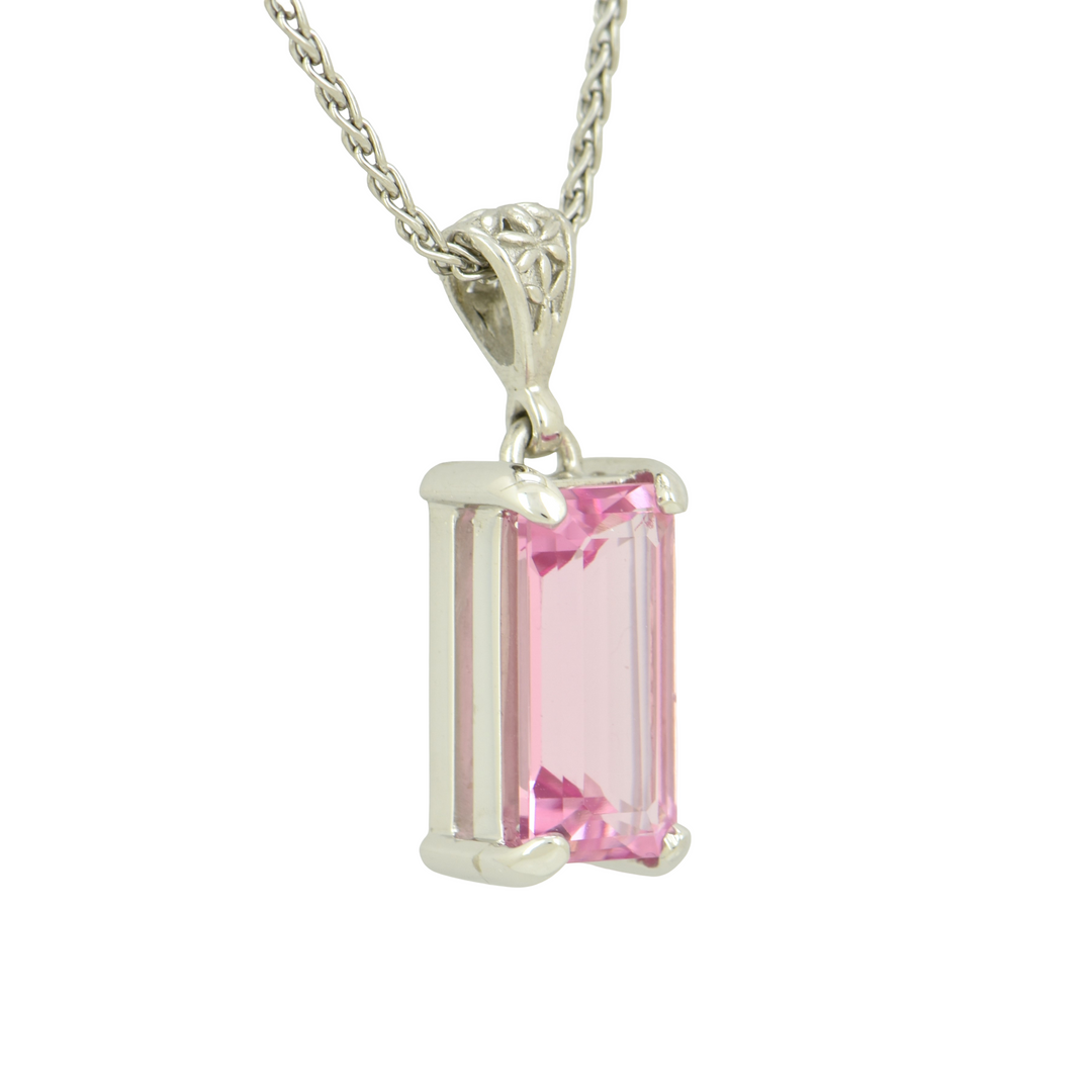 Emerald Cut Pink Biron Emerald Pendant, set in Sterling Silver plated in White Rhodium