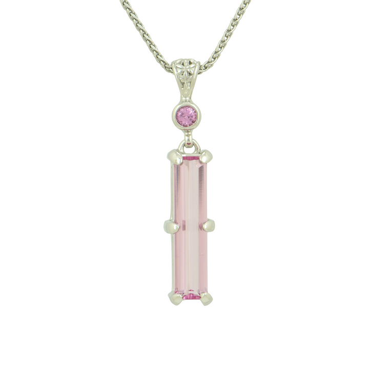 Emerald Cut Pink Biron Emerald Pendant, set in Sterling Silver plated in White Rhodium