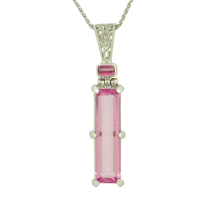 Emerald Cut Pink Biron Emerald Pendant, set in Sterling Silver plated in White Rhodium