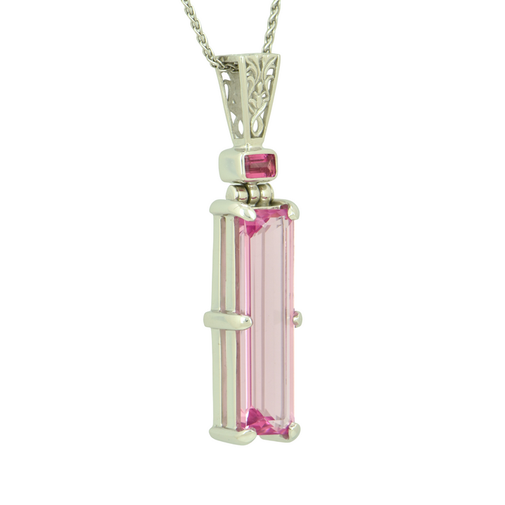 Emerald Cut Pink Biron Emerald Pendant, set in Sterling Silver plated in White Rhodium