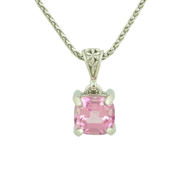 Cushion Cut Pink Biron Emerald Pendant, set in Sterling Silver plated in White Rhodium