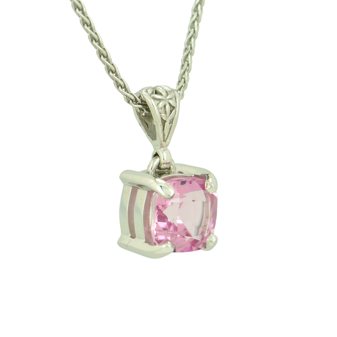 Cushion Cut Pink Biron Emerald Pendant, set in Sterling Silver plated in White Rhodium