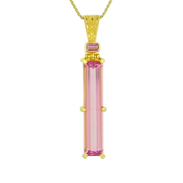 Emerald Cut Pink Biron Emerald Pendant, set in Sterling Silver plated in Yellow Gold