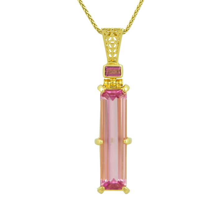 Emerald Cut Pink Biron Emerald Pendant, set in Sterling Silver plated in Yellow Gold
