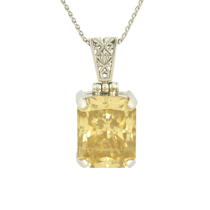 Emerald Cut Champagne Moissanite Pendant, set in Sterling Silver plated in White Rhodium