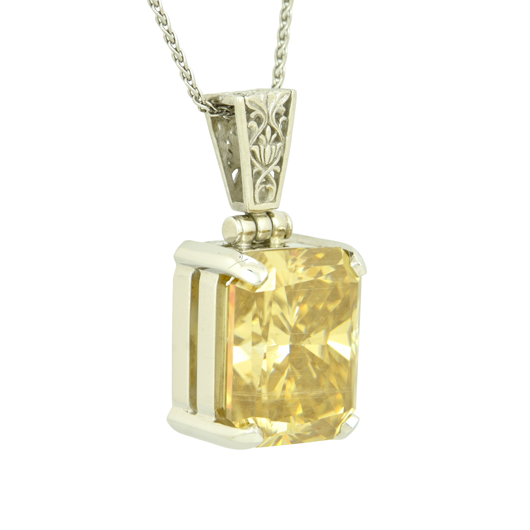 Emerald Cut Champagne Moissanite Pendant, set in Sterling Silver plated in White Rhodium