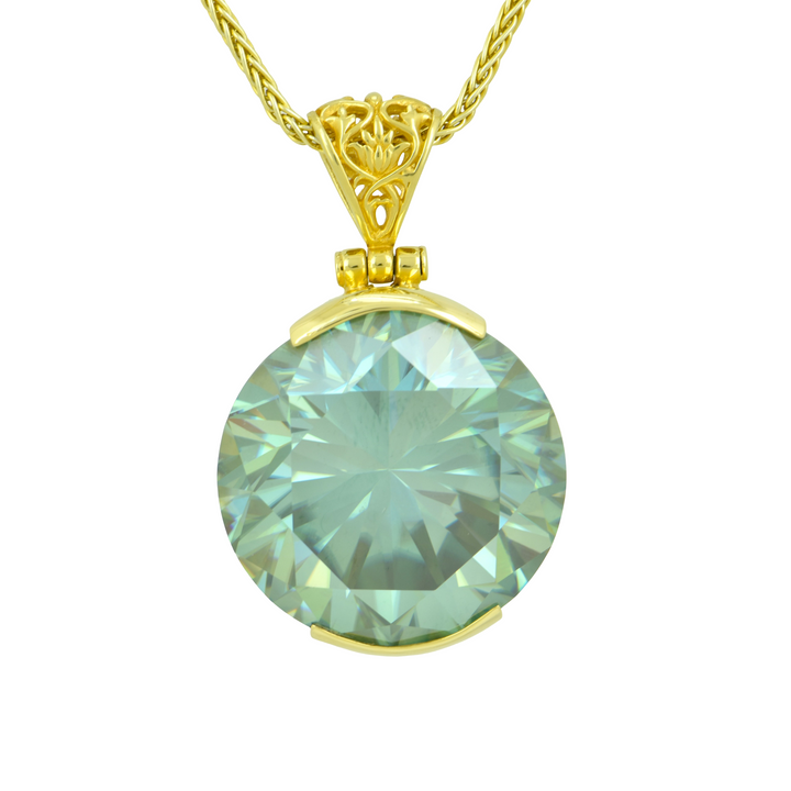 Round Blue Moissanite Pendant, set in Sterling Silver plated in Yellow Gold