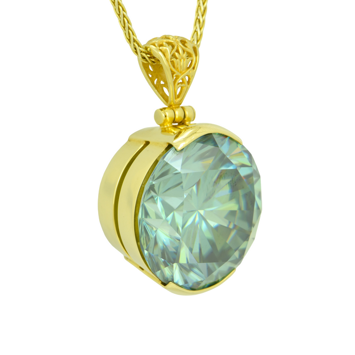 Round Blue Moissanite Pendant, set in Sterling Silver plated in Yellow Gold