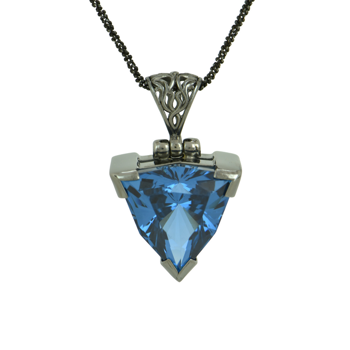 Trillion Blue Green Spinel Pendant, set in Sterling Silver plated in Black Rhodium