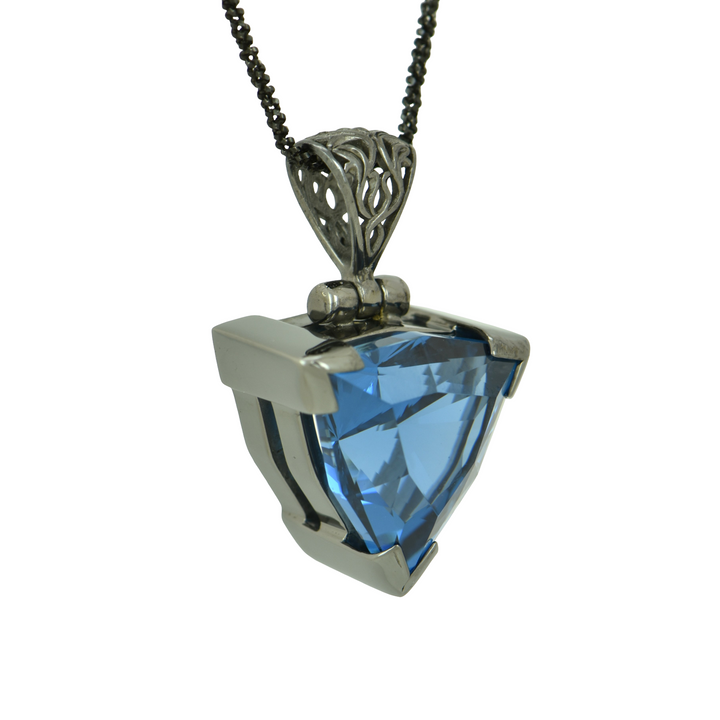 Trillion Blue Green Spinel Pendant, set in Sterling Silver plated in Black Rhodium