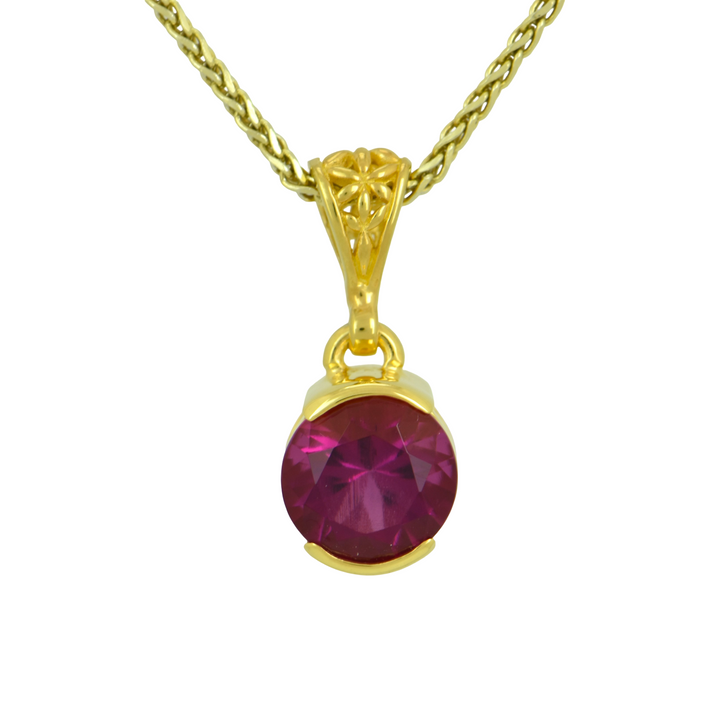 Red Beryl Pendant, Round Cut, set in Sterling Silver plated in Yellow Gold