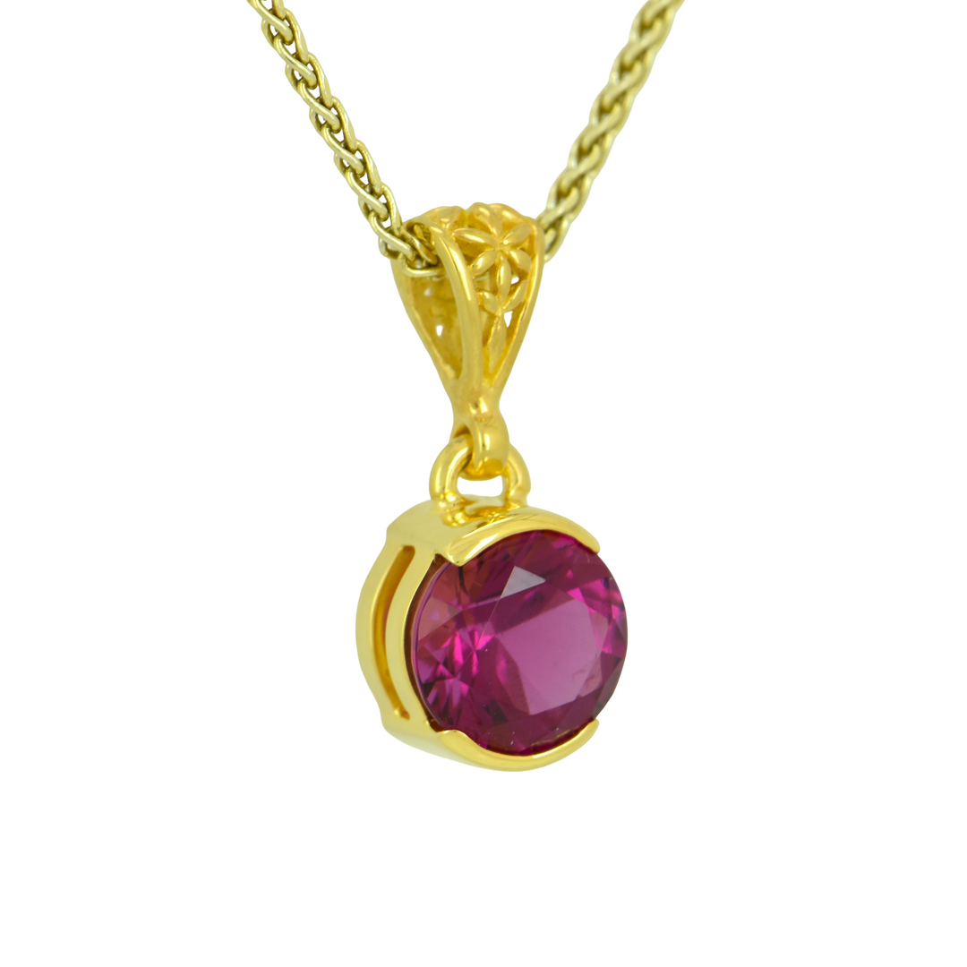 Red Beryl Pendant, Round Cut, set in Sterling Silver plated in Yellow Gold