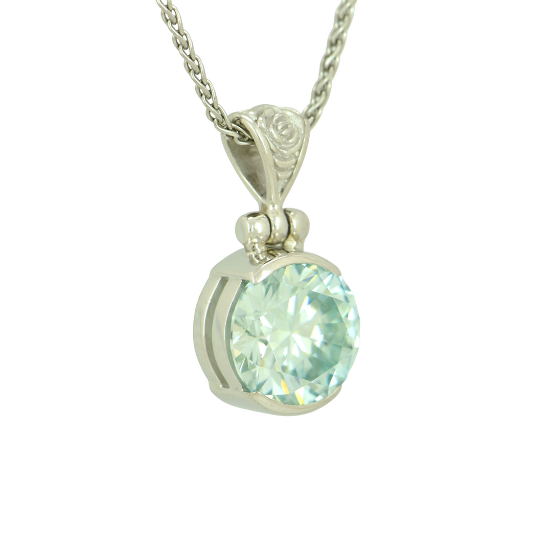 Light Blue Moissanite Pendant, Round Cut, set in Sterling Silver plated in White Rhodium