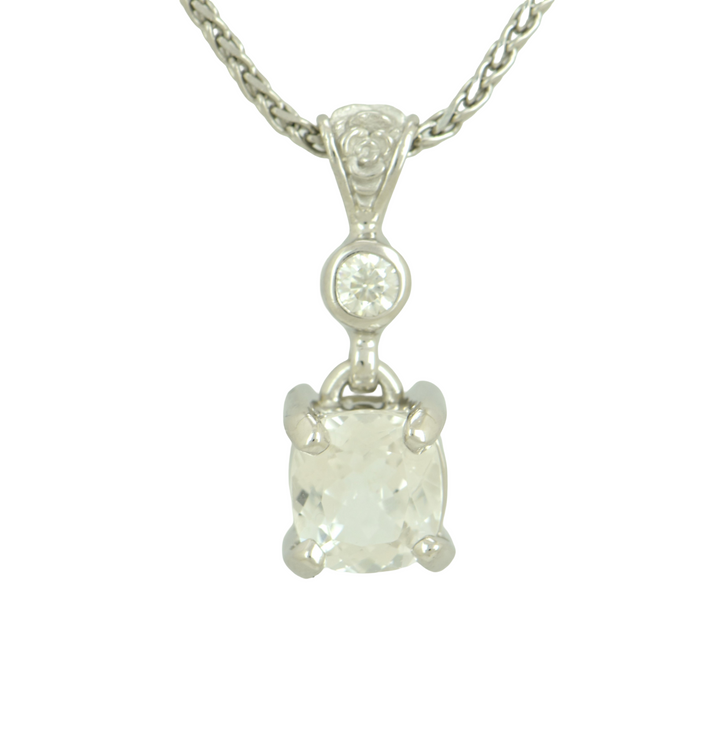 Phenakite Pendant, Rectangle Cut, set in Sterling Silver plated in White Rhodium