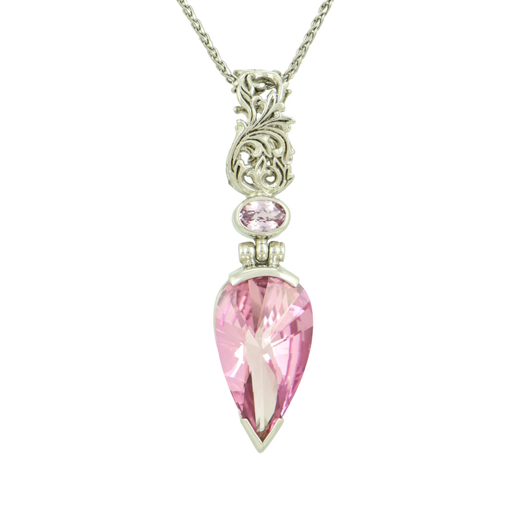 Imperial Pink Sapphire Pendant, Pear Yin Yang Cut, set in Sterling Silver plated in White Rhodium