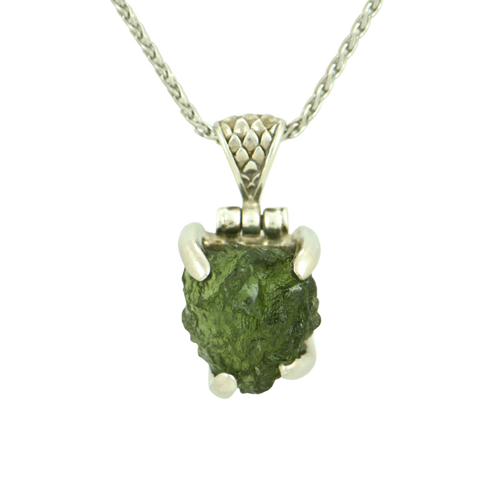 Moldavite Pendant, set in Sterling Silver plated in White Rhodium