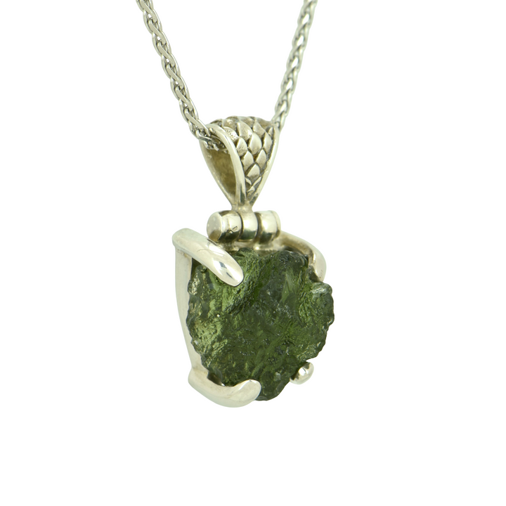 Moldavite Pendant, set in Sterling Silver plated in White Rhodium