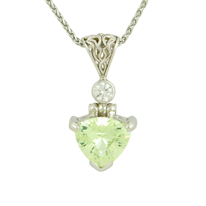 Mint Green Spinel Pendant, Trillion Cut, set in Sterling Silver plated in White Rhodium