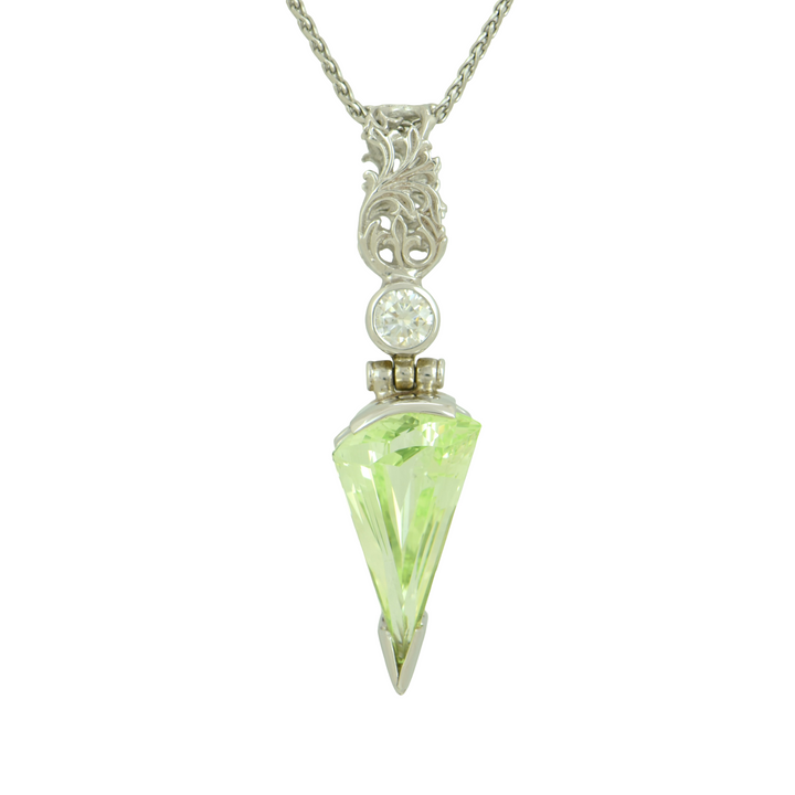 Mint Green Spinel Pendant, Fan Cut, set in Sterling Silver plated in White Rhodium