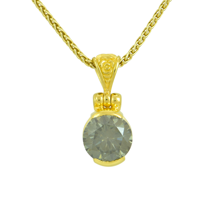 Black Moissanite Pendant, Round Cut, set in Sterling Silver plated in Yellow Gold