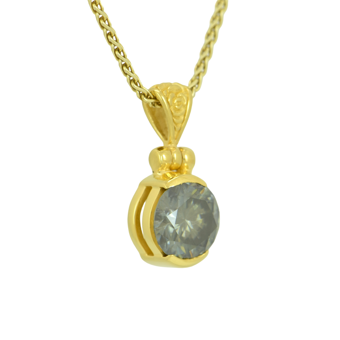 Black Moissanite Pendant, Round Cut, set in Sterling Silver plated in Yellow Gold