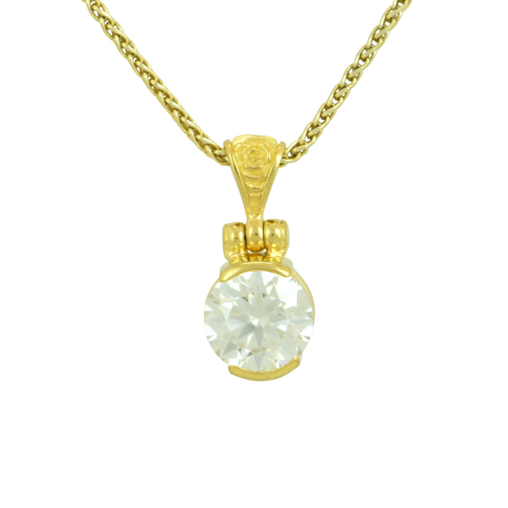 White Moissanite Pendant, Round Cut, set in Sterling Silver plated in Yellow Gold