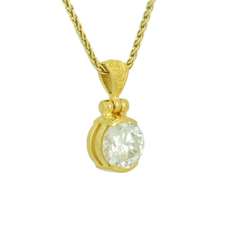 White Moissanite Pendant, Round Cut, set in Sterling Silver plated in Yellow Gold