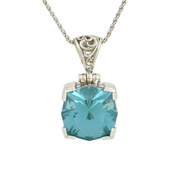 Paraiba Effect Spinel Pendant, Square Cut, set in Sterling Silver plated in White Rhodium
