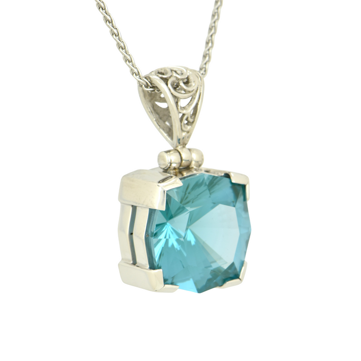 Paraiba Effect Spinel Pendant, Square Cut, set in Sterling Silver plated in White Rhodium