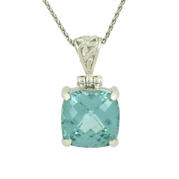 Paraiba Effect Spinel Pendant, Cushion Cut, set in Sterling Silver plated in White Rhodium
