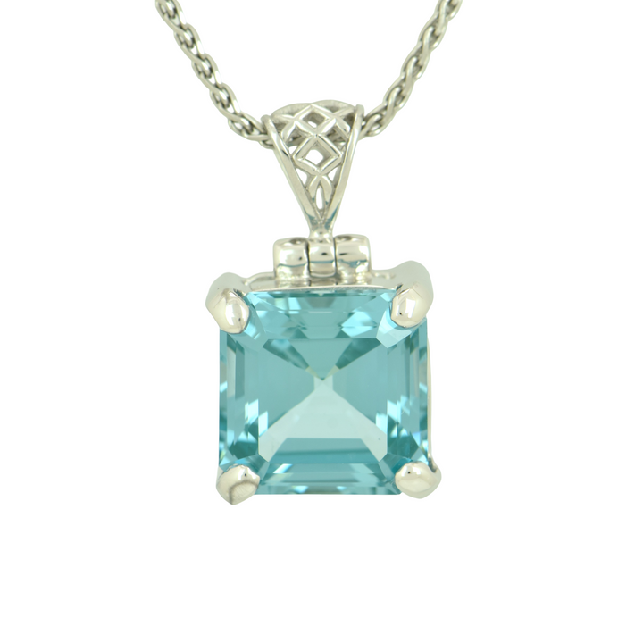 Paraiba Effect Spinel Pendant, Asscher Cut, set in Sterling Silver plated in White Rhodium