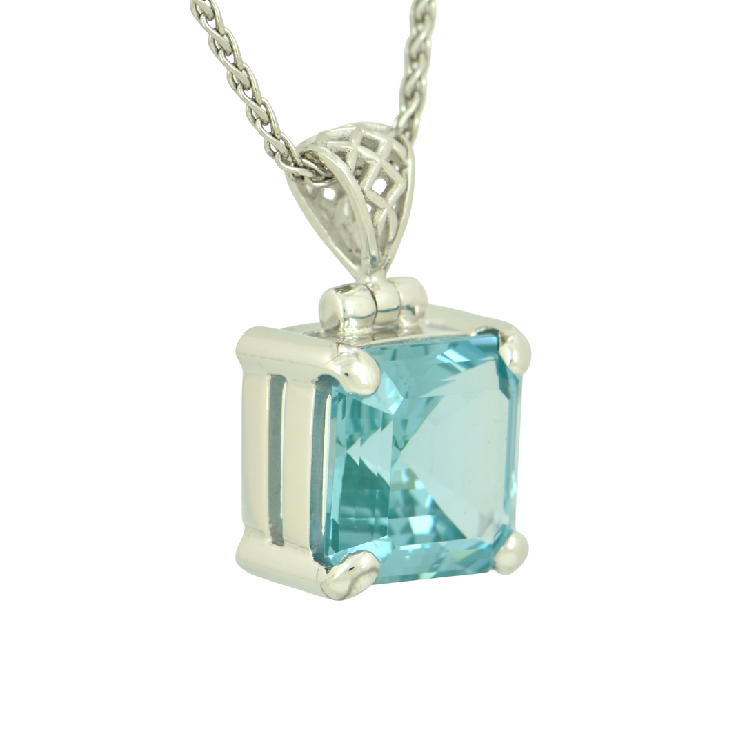 Paraiba Effect Spinel Pendant, Asscher Cut, set in Sterling Silver plated in White Rhodium