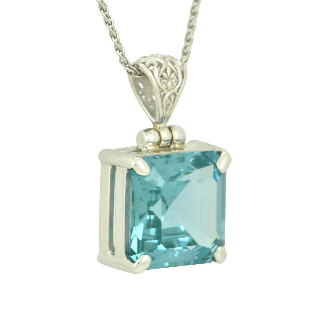 Paraiba Effect Spinel Pendant, Asscher Cut, set in Sterling Silver plated in White Rhodium
