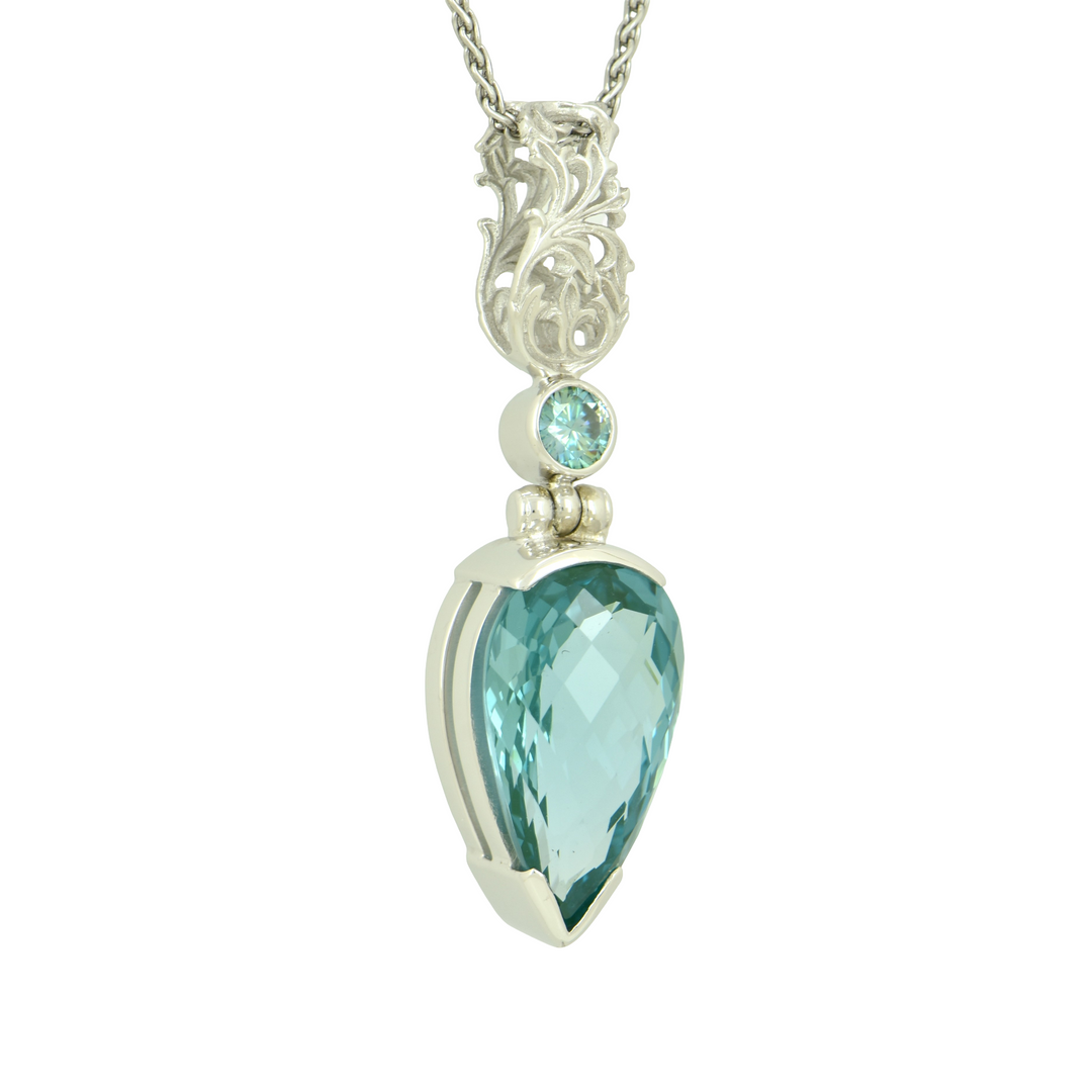 Paraiba Effect Spinel Pendant, Pear Cut, set in Sterling Silver plated in White Rhodium
