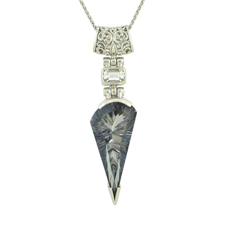Moonlight Mystic Quartz Pendant, Fan Cut, set in Sterling Silver plated in White Rhodium