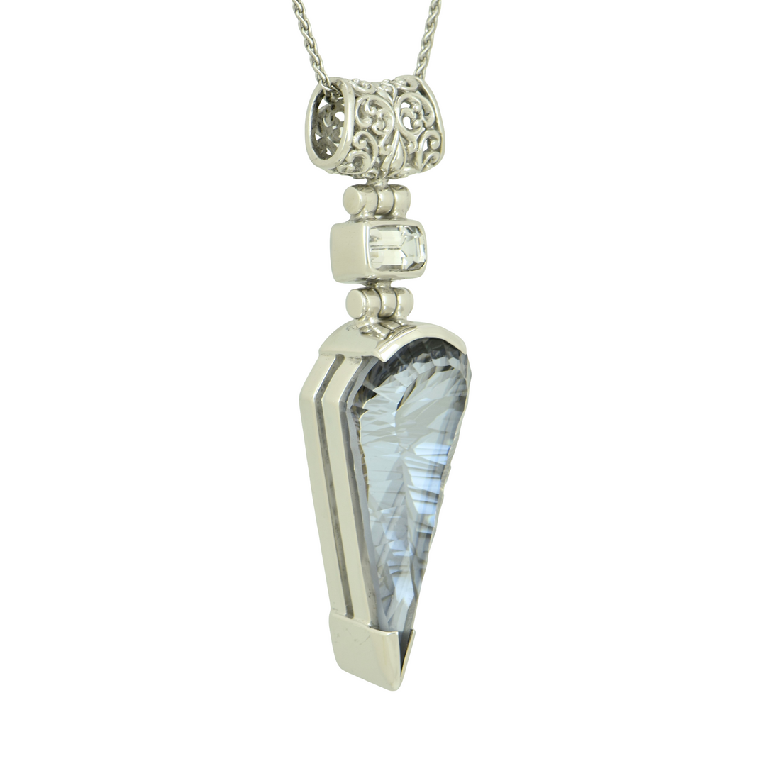 Moonlight Mystic Quartz Pendant, Fan Cut, set in Sterling Silver plated in White Rhodium