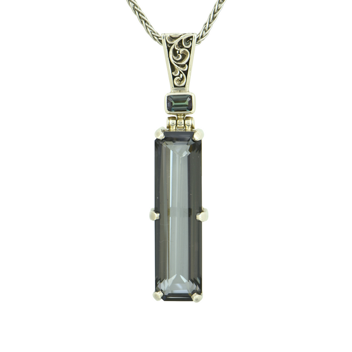 Moonlight Mystic Quartz Pendant, Rectangle Cut, set in Sterling Silver plated in White Rhodium