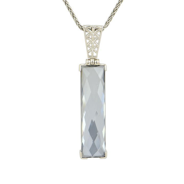 Moonlight Mystic Quartz Pendant, Rectangle Cut, set in Sterling Silver plated in White Rhodium