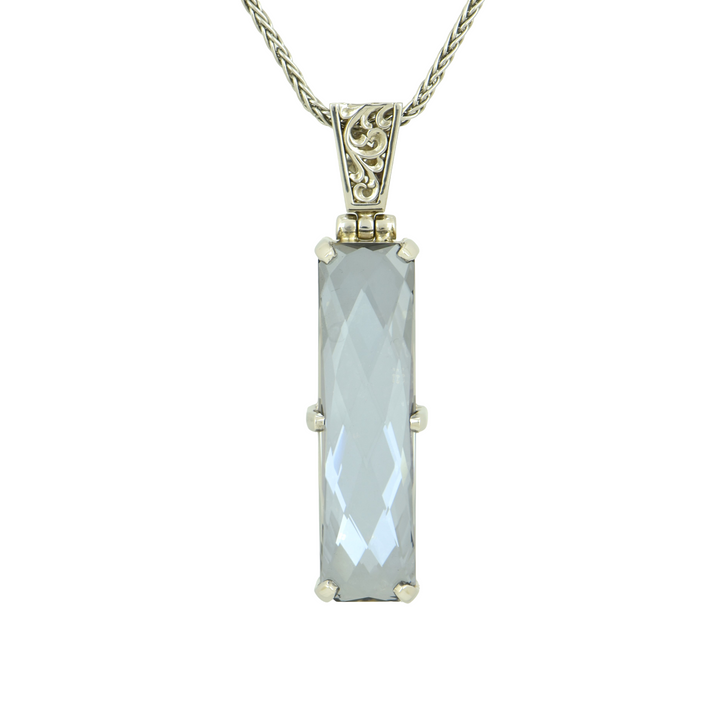 Moonlight Mystic Quartz Pendant, Rectangle Cut, set in Sterling Silver plated in White Rhodium
