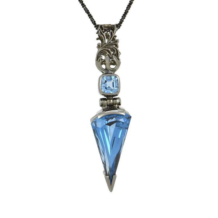 Blue Green Spinel Pendant, Fan Cut, set in Sterling Silver plated in Black Rhodium