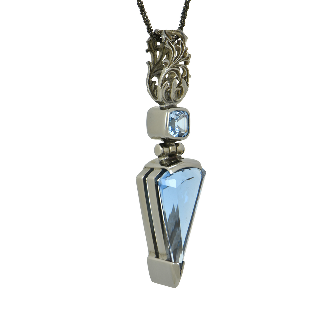 Blue Green Spinel Pendant, Fan Cut, set in Sterling Silver plated in Black Rhodium
