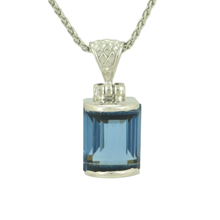 Blue Green Spinel Pendant, Curved Rectangle, set in Sterling Silver plated in White Rhodium