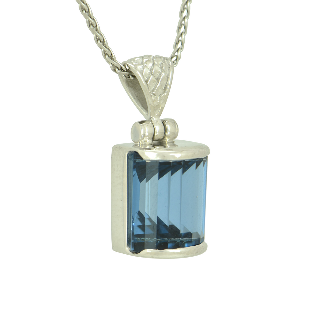 Blue Green Spinel Pendant, Curved Rectangle, set in Sterling Silver plated in White Rhodium